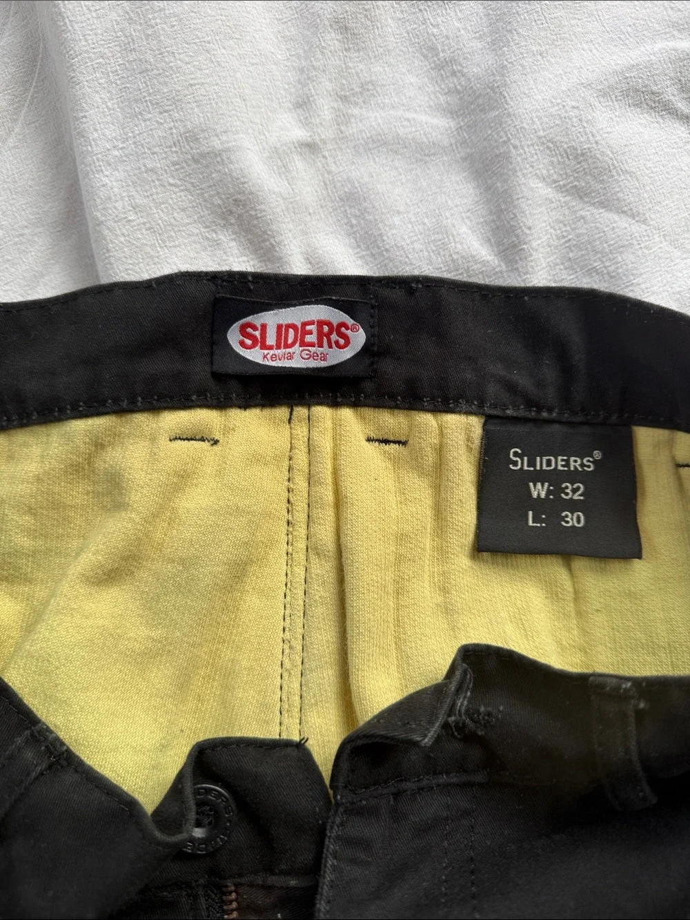 Men’s Sliders Motorcycle Black Pants with Yellow Kevlar Interior – W32 L30.